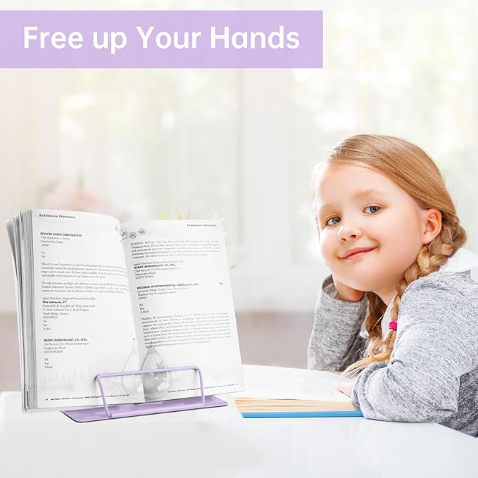 Honagu Book Stand Metal Desk Book Holder, Book Holders for Reading Hands Free, Adjustable Cookbook Documents Holder, Portable Bookstand for Music Books, Textbook, Recipe, Tablet, Ipad (Light Purple)