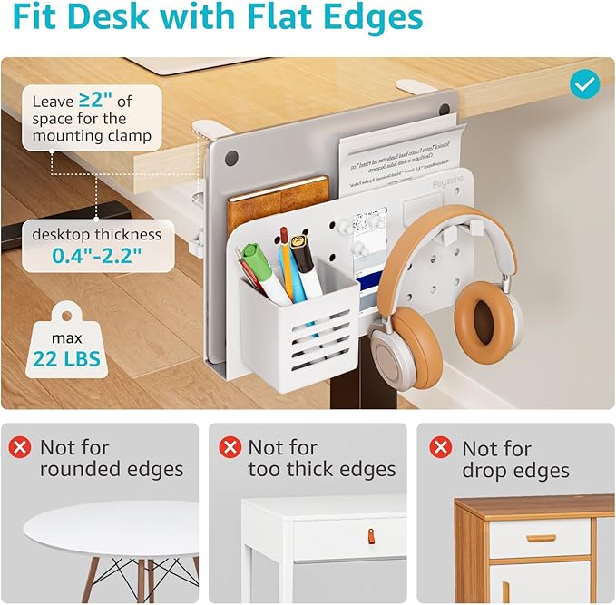 Desk Side Storage Organizer, No Drill Under Desk Laptop Holder, Clamp on Desks Shelf with Pegboard Accessories, Hanging Laptop Mount, Fits Flat Edge 0.4" to 2.2", White