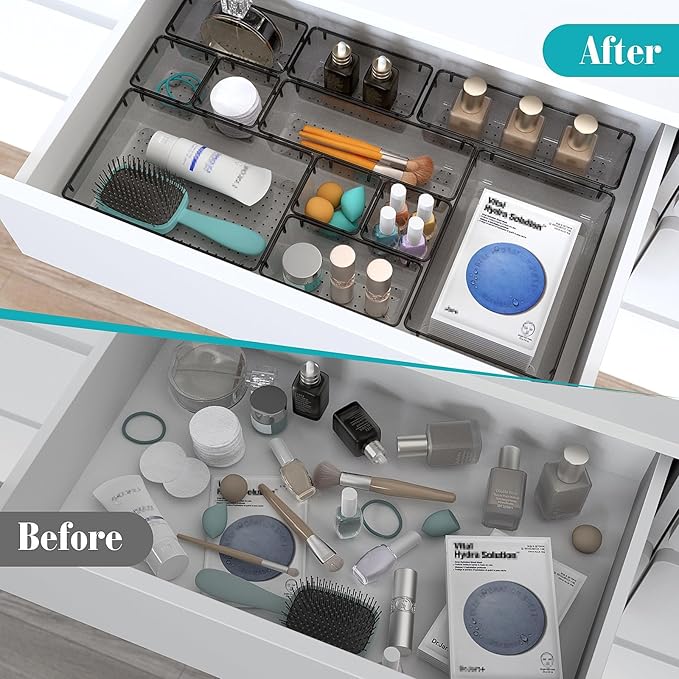 StorMiracle 23 PCS Clear Plastic Drawer Organizers Set, 4 Size Desk Drawer Organizer Trays for Makeup, Jewelry, Kitchen Utensils, Gadgets and Office Accessories, Black