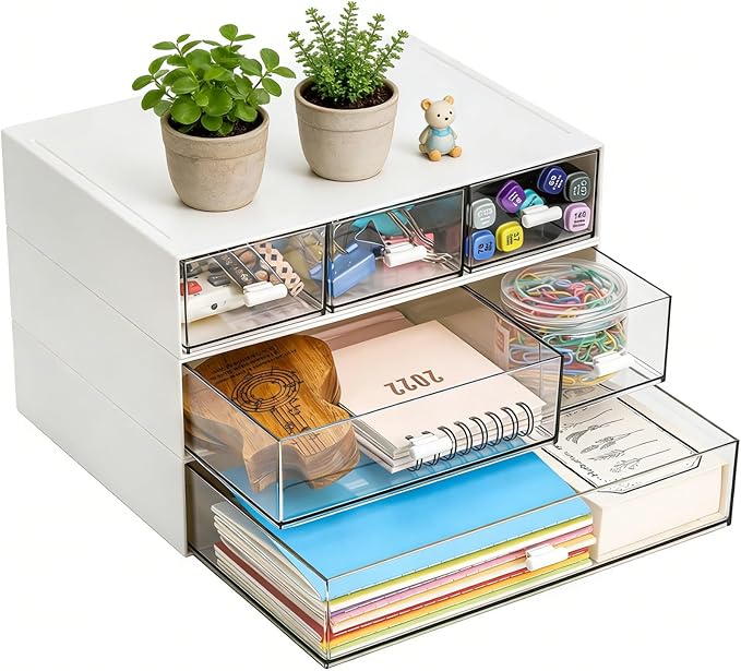 Lyellfe 3 Tier Small Desk Organizer with 6 Drawer, Stackable Desktop Storage Box, Portable Size Office Supplies Jewelry Storage Case, Makeup and Stationary Organizer for Cosmetic, School Supply