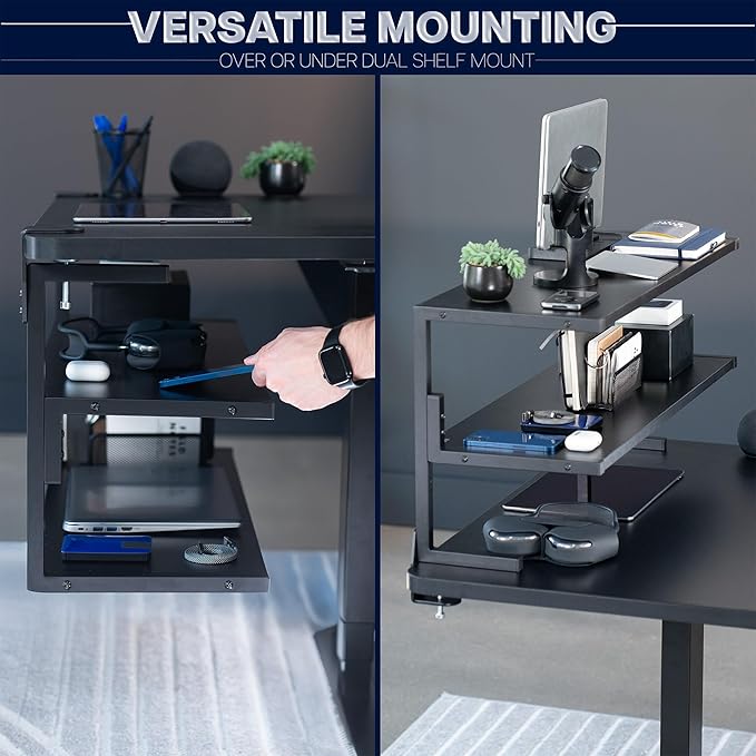VIVO Clamp-on 30 inch Above or Below Desk 2-Tier Shelving Unit for Table Accessories, Gaming Devices, and More, Storage Tray, Desktop Organizer, Black, STAND-SHELF30C