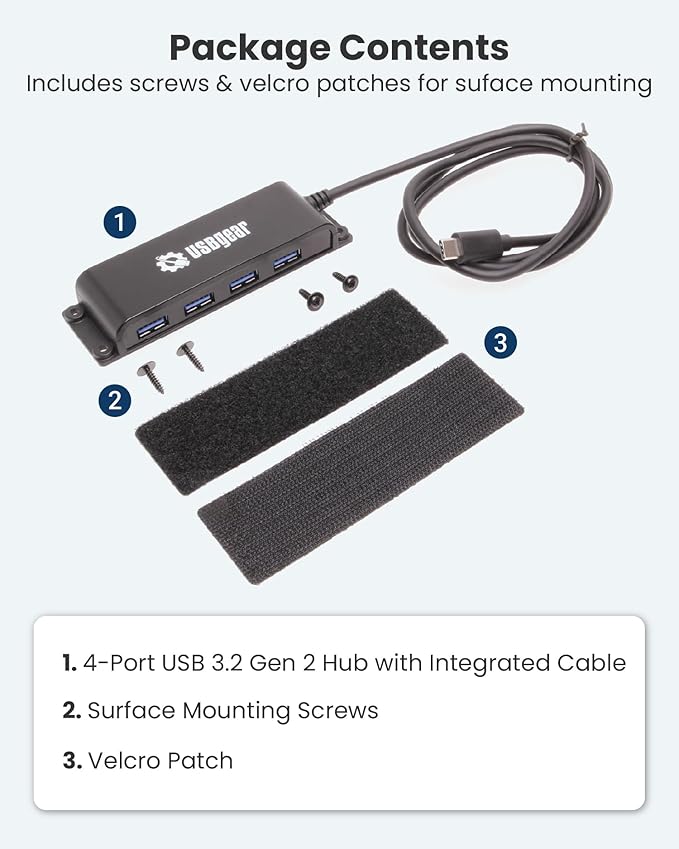 USBGear 4-Port USB 3.2 Gen 2 Data Transfer Hub - 10Gbps Ultra-Compact USB-C Hub with 3.3 ft Integrated Extension Cable and Built-in Mounting [No Charging] for Mac, PC, Mobile HDD, Flash Drives