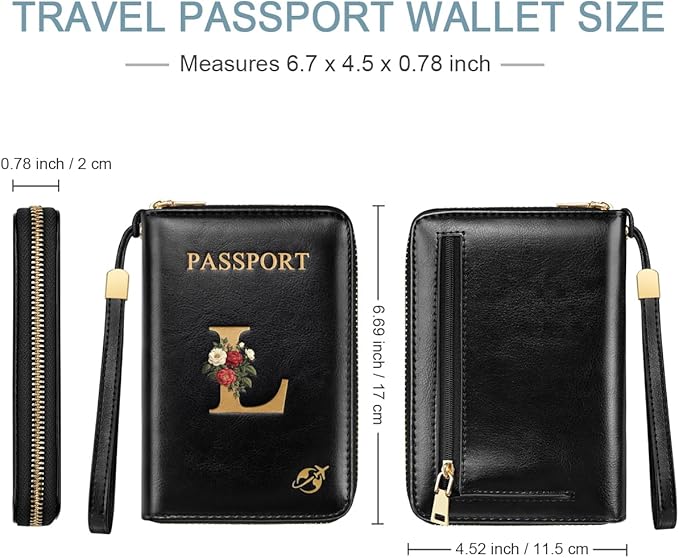 Passport Holder Cover Wallet with Zipper Personalized Initial Letter L Rose Flower RFID Blocking Travel Wallets Credit Cards Holder for Women, Gift for Wife and Girlfriend,L