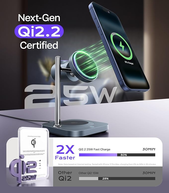 Qi2.2 Certified 25W Fast Charging Station with Cooling Fan, 3 in 1 Wireless Charger Design for MagSafe Charger for iPhone 17/16/S26 Ultra/Pixel 10, Charging Stand with 45W Adapter for iWatch & AirPods