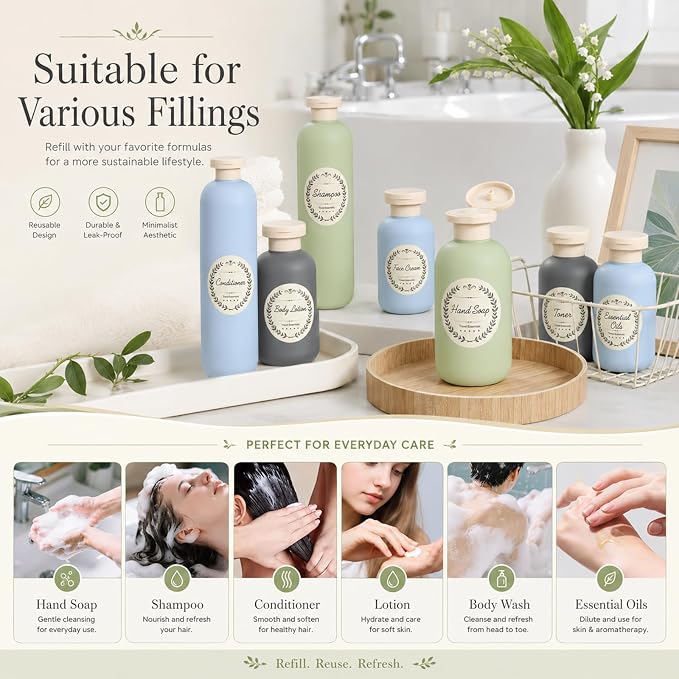 METAPACK 4Pack 6.8oz Travel Shampoo Bottles with Labels, Refillable Travel Bottles, Flip Top Squeeze Bottles, Portable Plastic Toiletry Containers for Lotion, Conditioner & Body Wash(grey, blue)