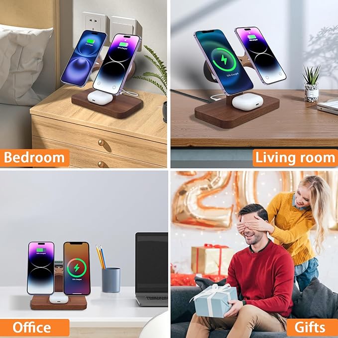 Dual Phone Charging Station Compatible with Magsafe Charger Stand Magnetic Wireless Charger for iPhone 17 16 15 14 13 12 Series iWatch AirPods Wireless Charging Station for Multiple Devices