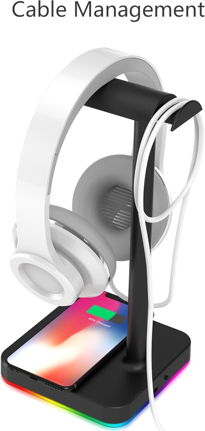 KAFRI RGB Headphone Stand with Wireless Charger Desk Gaming Headset Holder Hanger Rack with 10W/7.5W QI Charging Pad and QC 3.0 USB Port - Suitable for Gamer Desktop Table Game Earphone Accessories