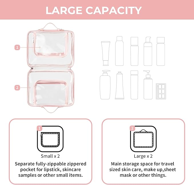 GRANNY SAYS TSA Approved Toiletry Bag, Clear Makeup Bag, Travel Toiletry Bag for Women, Leather Travel Cosmetic Bag, Portable PVC Waterproof Bag, Large Makeup Organizer, Pink