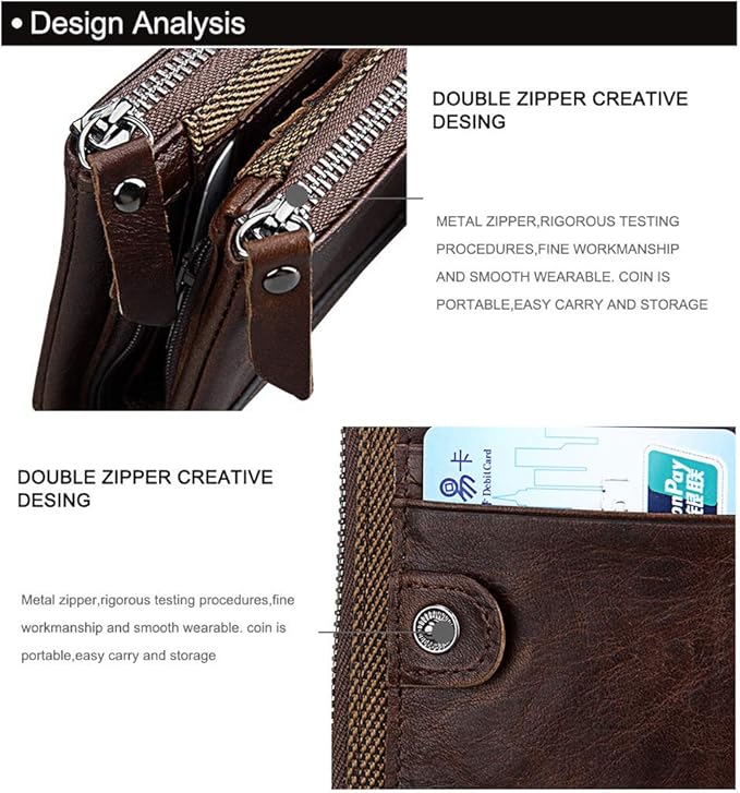 Men's Folding Double Zip Wallet RFID Blocks Retro Short Coin Purse