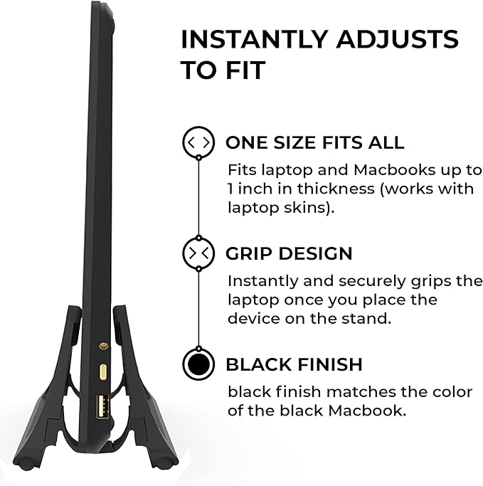 HumanCentric Vertical Laptop Stand for Desks in Matte Black, Upright Adjustable Holder to Dock Apple MacBook Stand, and Other Laptops to Organize Work & Home Office, Automatic Grip