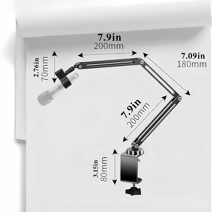 Low Profile Mic Boom Arm Stand 360° Rotatable Adjustable Compact and Foldable Table Microphone Arm Holds 2.5kg with 3/8" to 5/8" Screw Adapter for Game Streaming Podcast Broadcast (C Clamp Mount)