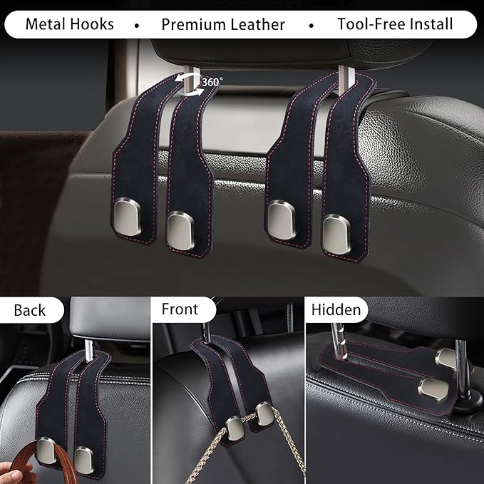 2Pcs Car Headrest Hooks with Premium Leather, Upgraded Double Metal Hooks with Anti-Drop Design, Universal Back Seat Hanger for Bags, Coats, Purses and Groceries (Stylish Black)