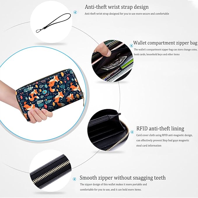 Bxgolkgd Womens Wallet, RFID Blocking Leather Wallet,Large Capacity Wallet Credit Card Holder PU Leather Ladies Clutch with Zipper Coin Pocket - Cute fox