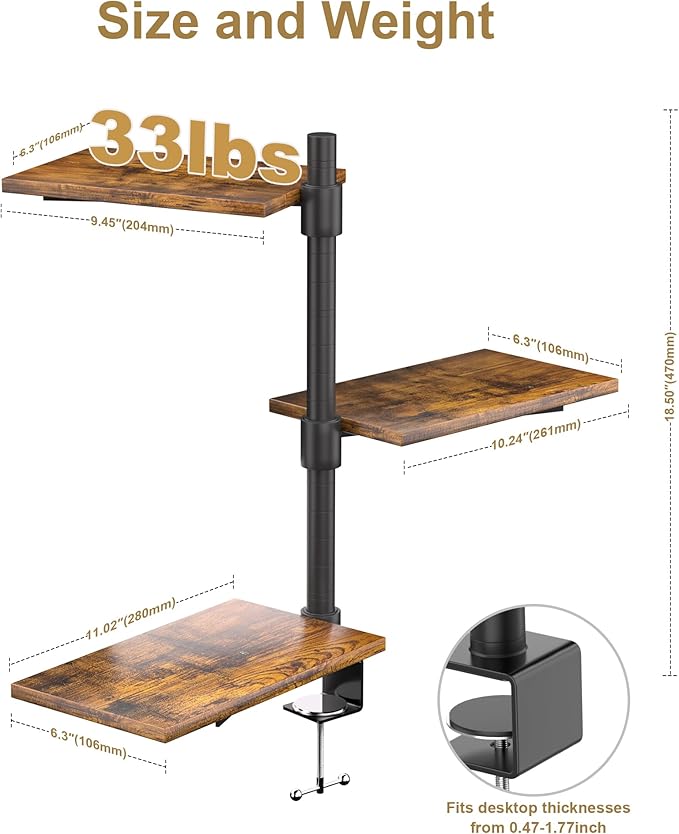Clamp On Desk Shelf 3-Tier, Adjustable Height Wood Shelving Unit for Office Desk Gaming Accessories, 360° Rotatable Storage Tray, Desktop Book Organizer Storage Rack, Shelf for Top of Desk