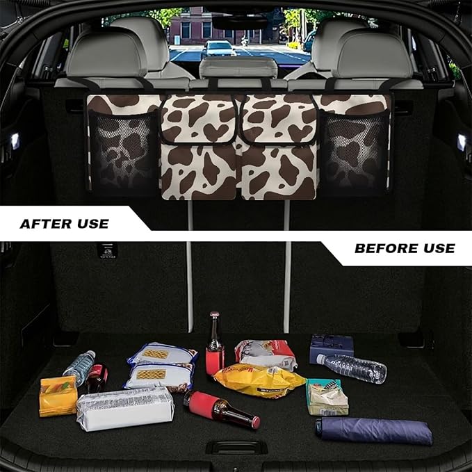 Brown Cow Print Car Trunk Organizer,Super Capacity Backseat Trunk Organizer with 4 Pocekt,Backseat Hanging Car Storage Bag Foldable Cargo Storage Fit for Van,SUVs