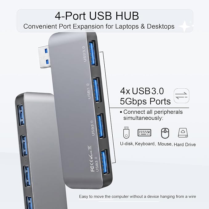 Portable 4-Port USB 3.0 Hub with Direct Plug-in USB Male Connector Design | Space-Saving USB Hub Compatible with Laptops and Desktops, Works with Windows, macOS, Linux and Chrome OS