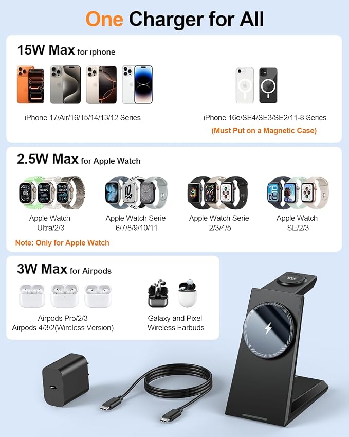 3 in 1 Magnetic Wireless Charging Station - 15W Fast Charging for iPhone 17/16/15/14/13/12, Compatible with MagSafe, for Apple Watch & AirPods, Auto-Dimming Light for Nightstand, Includes 30W Adapter