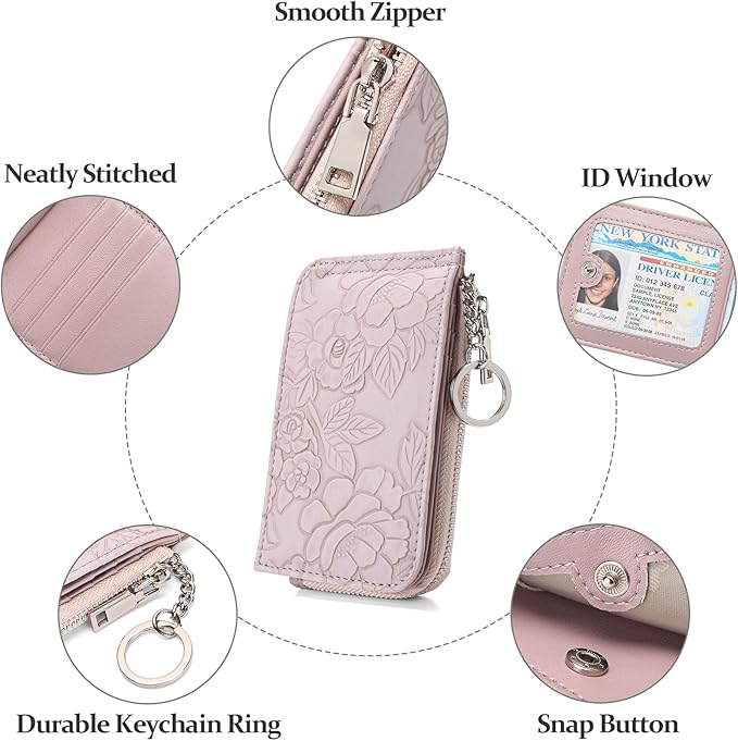GAEKEAO Small Credit Card Holder Wallet for Women RFID Leather Slim Wristlet Keychain Wallets With Zipper Pocket