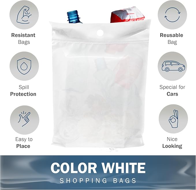 12x15 White Disposable Car Trash Bags, Leak-proof, Medium Size, 50 Pack, 2 Mil Thick, with Die-Cut Handles by PPB