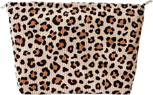 Leopard Print Corduroy Makeup Bag for Women – Soft Cosmetic Travel Pouch with Zipper Closure, Large Toiletry Organizer with Lining, Stylish Animal Print Makeup Case for Purse or Travel
