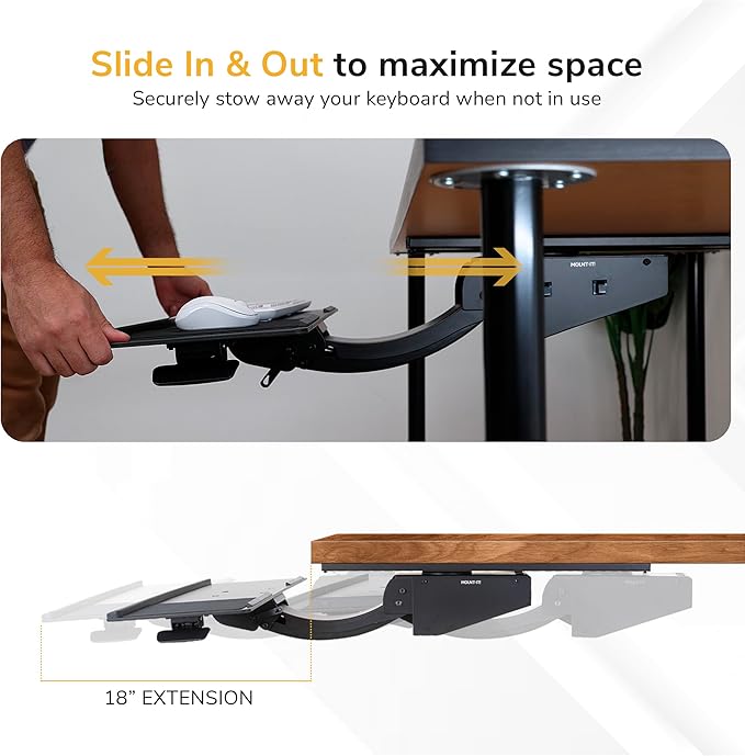Mount-It! Under Desk Keyboard Tray, Adjustable Slide-Out Keyboard & Mouse Platform, 26.5" W × 10" D, Ergonomic Wrist Rest, Height Tilt & Swivel, Heavy-Duty Bolt-On Keyboard Drawer