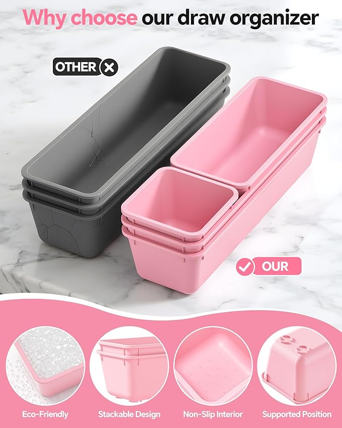 Canfanni 13 Pack Plastic Drawer Organizers Set, 3 Sizes Desk Drawer Organizer Trays for Vanity and Makeup Organizer, Organization and Storage for Makeup, Kitchen Utensils, Bathroom and Office(Pink)