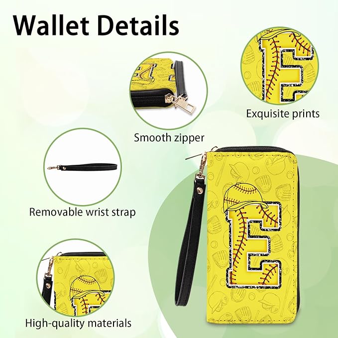 Softball Lovers Gift Womens Wallet - Small Slim PU Leather Letter E Wallet for Women with Zipper Purse, Credit Card Holder Wallets, Wristlet Wallets for Girls Women Player Coach (Letter E Gifts)