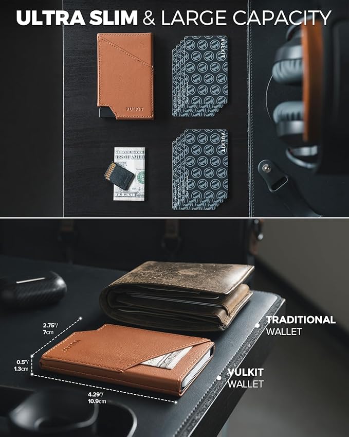 VULKIT Pop up Card Wallet Top-Grain Genuine Leather RFID Blocking Slim Aluminum Metal Bank Card Holder Case with Business Money Pocket for Credit Cards Notes and Coins Brown