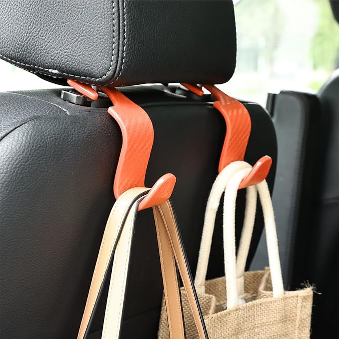 Osilly Car Seat Headrest Hook, 4 Pack Auto Seat Hanger Storage Organizer for Purse Handbag Coats Grocery Bags, Car Interior Accessories, Universal Vehicle Backseat Plastic Hanging Hook (Orange)