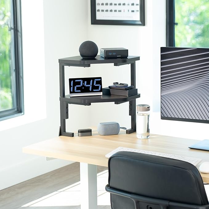 VIVO Corner Clamp-on 17 inch Above or Below Desk 2-Tier Shelving Unit for Table Accessories, Gaming Devices, and More, Storage Desk Attachment Organizer, Black, STAND-SHELF2CR