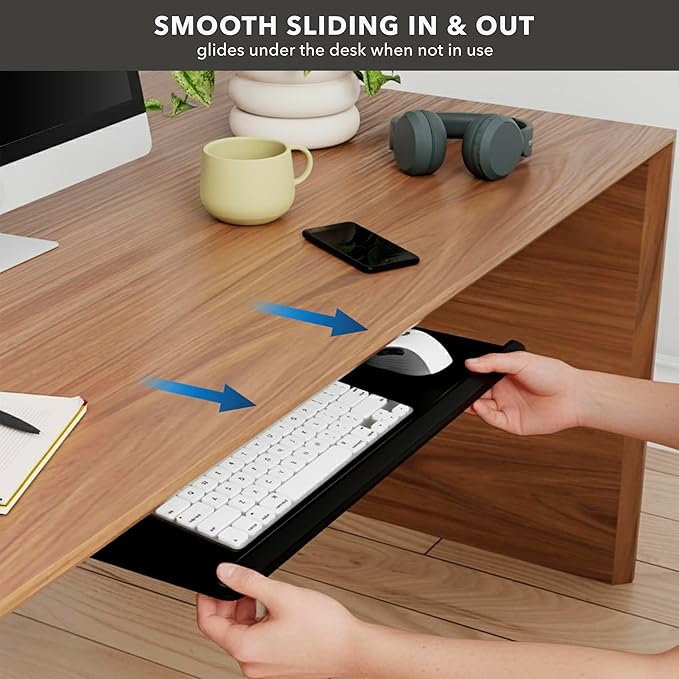 Mount-It! Under Desk Keyboard Tray, Adjustable Slide-Out Keyboard & Mouse Platform, 26.38" W × 10" D, Ergonomic Wrist Rest, Height Tilt & Swivel, Heavy-Duty Bolt-On Keyboard Drawer for Home Office