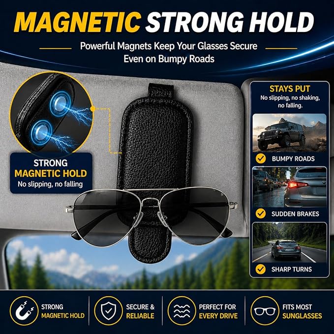 Magnetic Sunglasses Holder for Car Visor, Leather Visor Clip with Card & Ticket Slot, Secure No-Scratch Design, 2-Pack (Black)