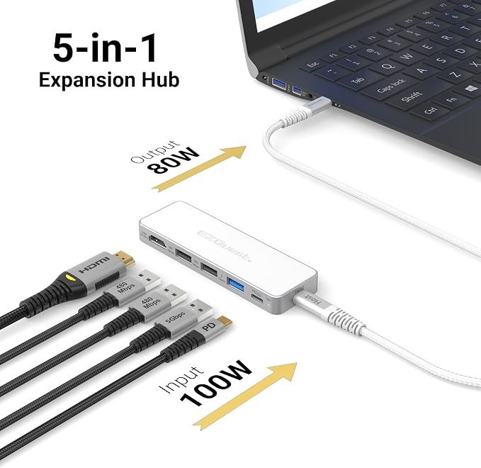 USB-C 5-in-1 Hub Pro Series: 4K 60Hz HDMI, 100W PD Charging, USB 3.0 Data, 20" Detachable Cable. Multiport Adapter for MacBook Pro/Air, iPad, Windows, Thunderbolt 3/4 (Silver White)