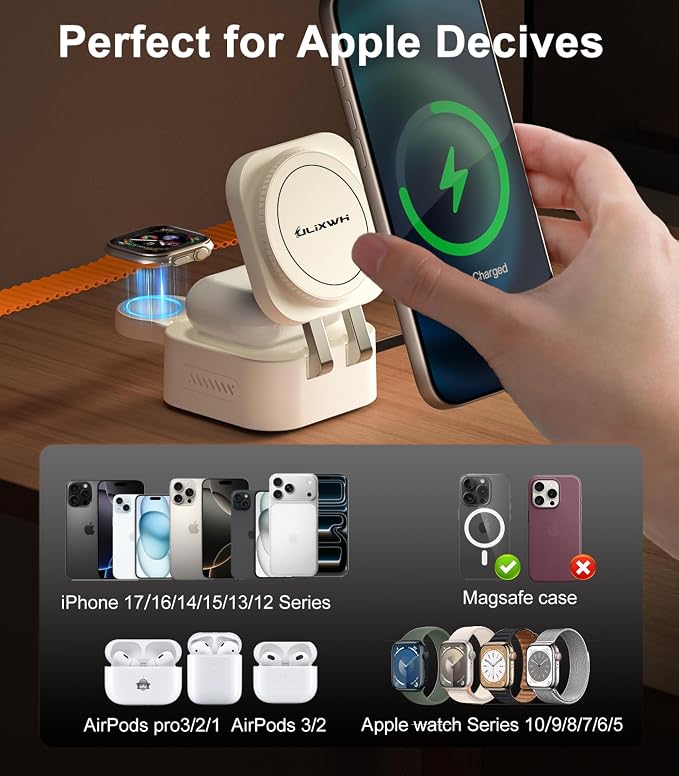 ULiXWH Retractable 3 in 1 Charging Station for Apple [Built in Cable] 22.5W Fast for Magsafe Wireless Charger, Travel Essentials, Magnetic Foldable Stand for iPhone 17 Air Pro Max 16 15 iWatch Airpods