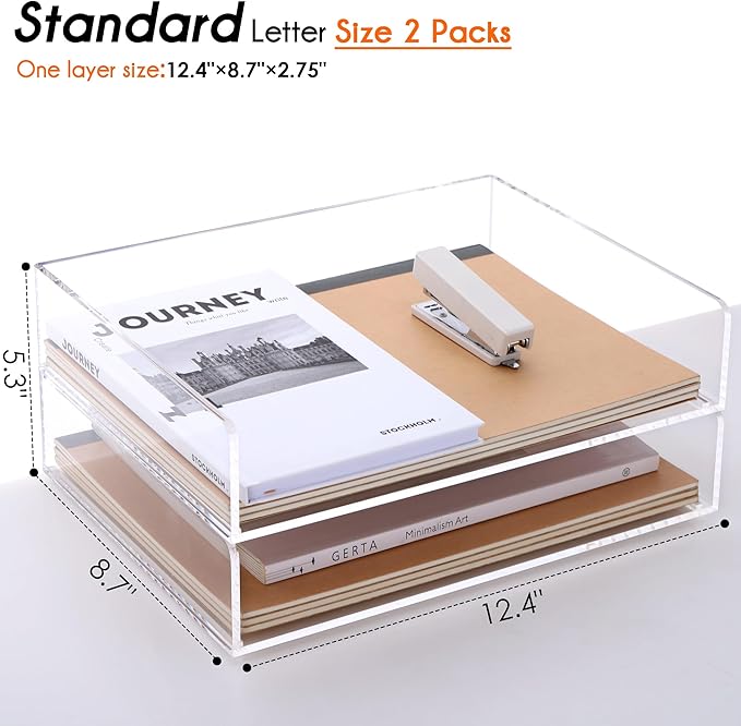 HeZone Paper Organizer, 2 Tier Stackable A4 Size Acrylic Letter Tray, Office/Home/School Organization - Clear