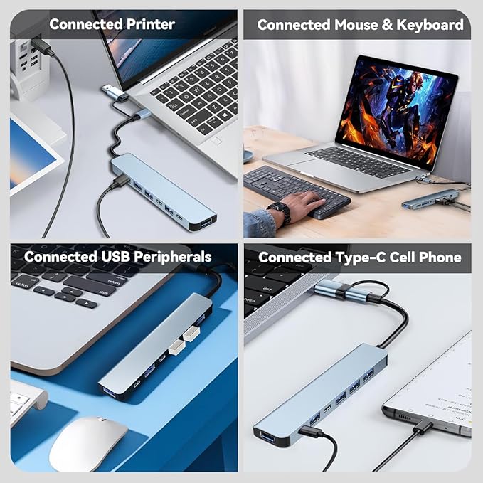 USB C Hub USB Hub Aluminum 7 in 1 USBC Dock with USB3.0 & USB2.0 Ports Extender Multiport Adapter for PC/Laptops/MacBook Pro/Air/iMac/iPad and More Devices