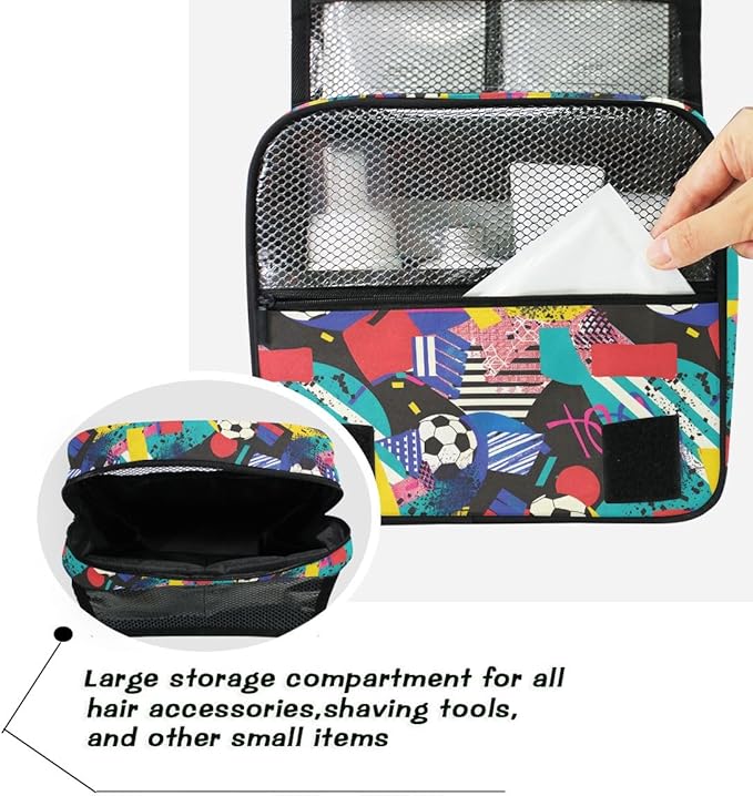 Hanging Travel Toiletry Bag Kit Boys Makeup Case Cosmetics Organizer for Men Women (Inspired Soccer Bright Colors)