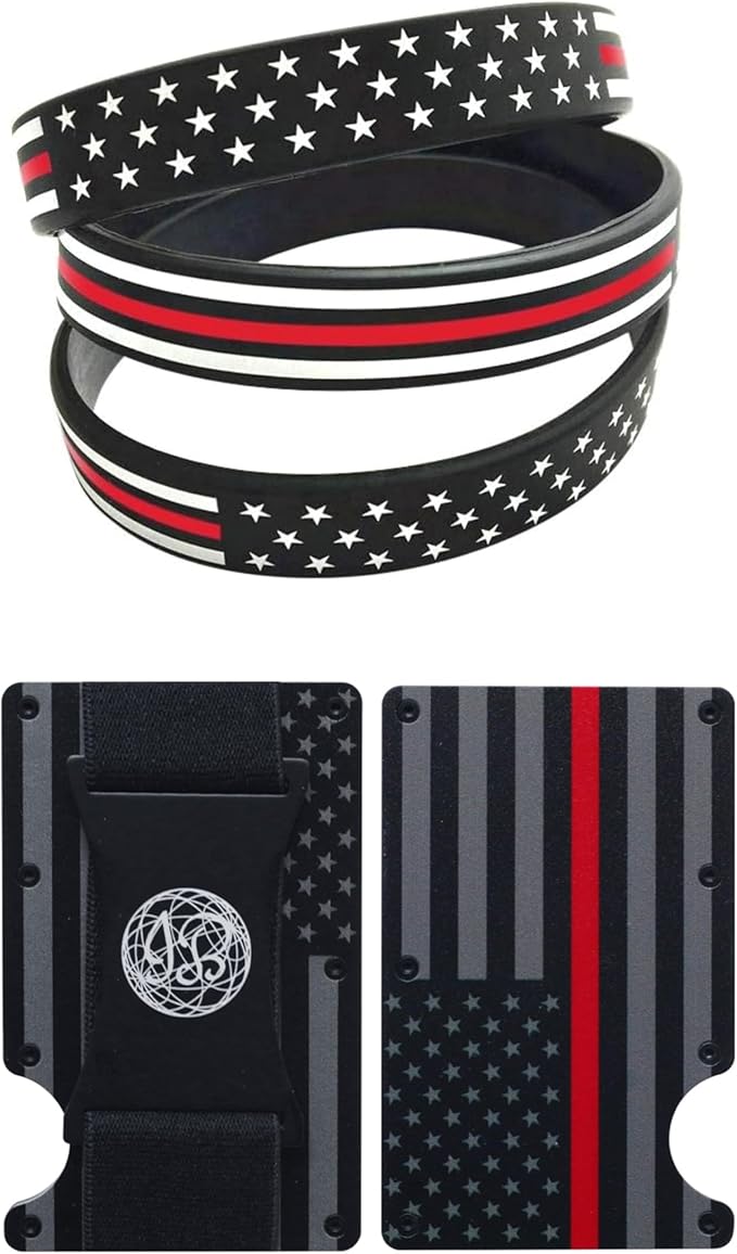 Black & Gray American Flag Engraved, Minimalist Wallet, RFID Blocking Aluminum Slim Wallet (Red Strap with 3 V. Band)