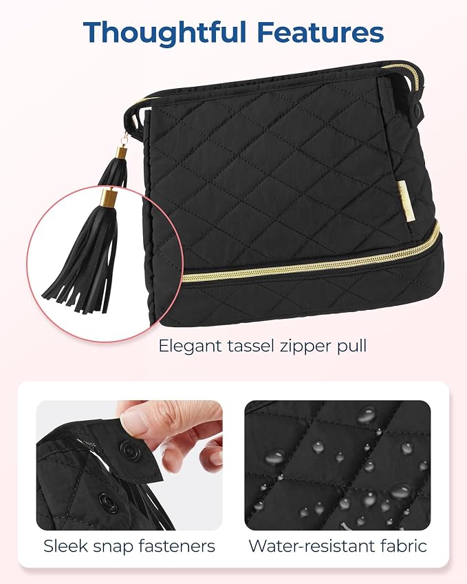 BAGSMART Makeup Bag Travel Cosmetic Bag,Puffy Make Up Bags for Women Double Layer Makeup Organizer Case,Wide-open Puffer Pouch for Purse Storage Travel Essentials Toiletries Accessories Brushes, Black