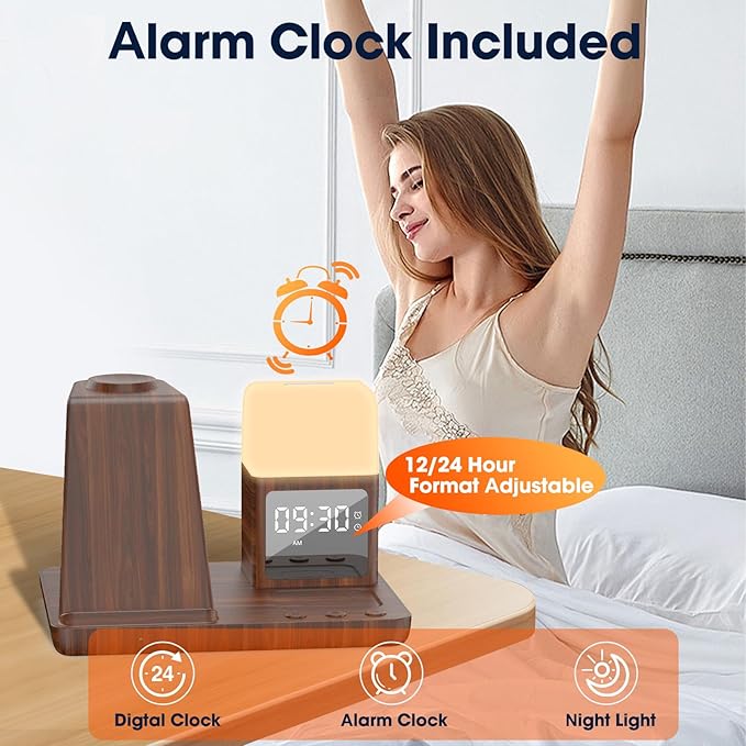 Wireless Charger for Samsung/Android, 6 in 1 Phone Nightstand Charging Station Charger with Alarm Clock/Night Light for Samsung S25/S24/S23 Ultra/Buds3,Watch Charger for Galaxy Watch 8/7/6/5-Wood