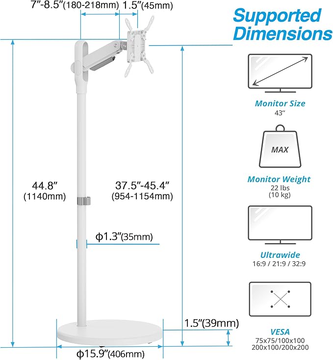AVLT Single 17 to 43 Inch Portable Monitor Arm TV Rolling Stand with Heavy Base for Screens Up to 22 lbs, Mechanical Spring Height Adjustment, Screen Rotation, Mobile Low Profile Caster Wheel, White