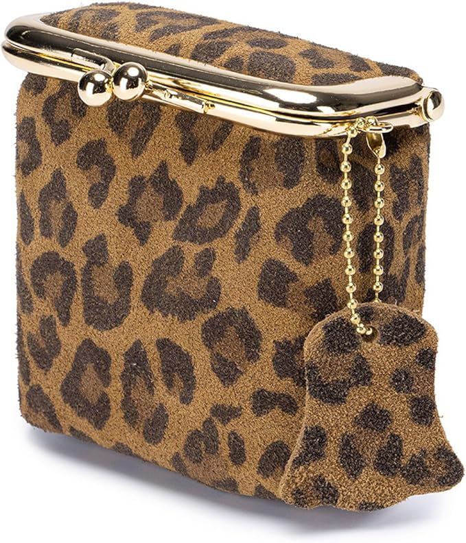 Litchi Leather Coin Purse for Women, Portable Vintage Wallet Mini Lipstick Holder Fashion Solid Color Kiss Lock Key Storage Square Pouch (Leopard print-A)