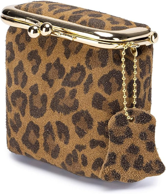 Litchi Leather Coin Purse for Women, Portable Vintage Wallet Mini Lipstick Holder Fashion Solid Color Kiss Lock Key Storage Square Pouch (Leopard print-A)