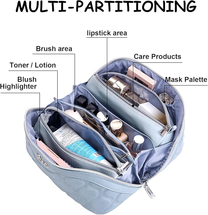 BOYATU Travel Makeup Bags for Women Cosmetic Bag: Puffy Make up Bags Set of 3 - Vegan Leather Makeup Organizer - Waterproof Large Toiletry Bag with Compartments - Travel Essentials (H-4-Blue)