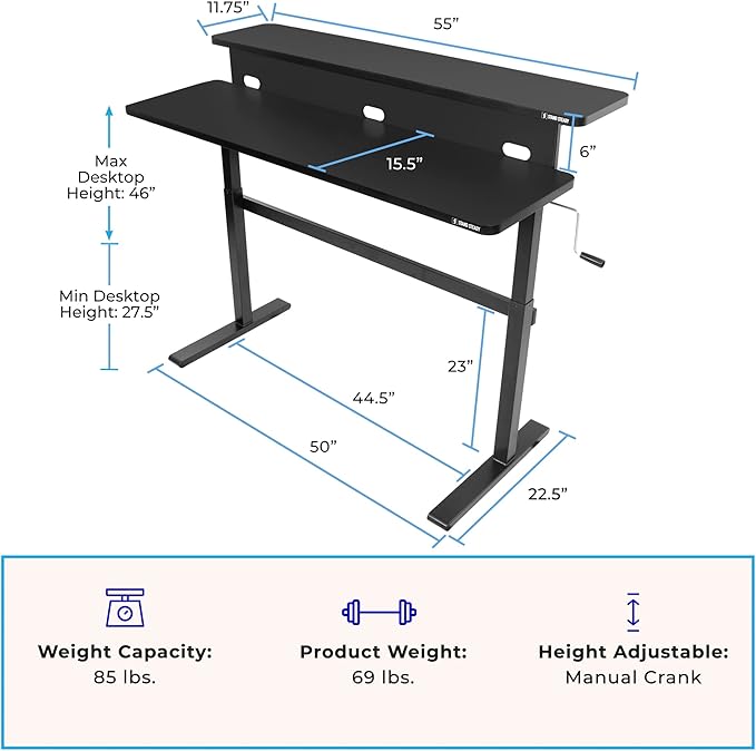 Stand Steady Tranzendesk | 55 Inch Dual Level Standing Desk with Shelf | Easy Crank Height Adjustable Sit to Stand Desk | Stand Up Workstation with Monitor Riser for Home & Office (55in / Black)