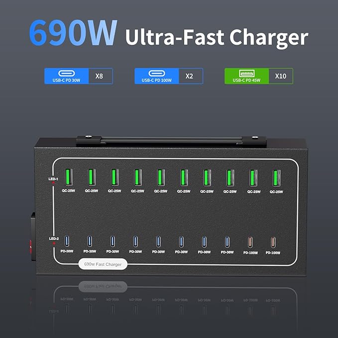 690W USB Charging Station, 20 Port (10 PD+10 QC) USB C Charger Block, Fast Charging Station for Multiple Devices with Smart Power Delivery for Laptop, iPhone, iPad, Tablet and More