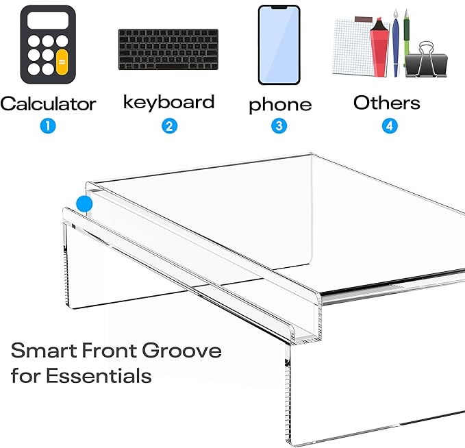 Crpich Clear Acrylic Monitor Stand Riser with Slot for Desk Accessories Organizer, Ergonomic Desktop Organizer for Computer, Laptop, Screen ??Sleek & Durable Design for Office or Home