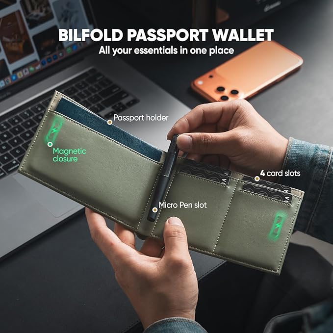 VULKIT Bilfold Passport Holder Leather RFID Blocking Passport Wallet with Hidden Pocket Slim Travel Documents Organizer for Men or Women (Passport, Card, Cash, Coin, SIM Card, Ticket)