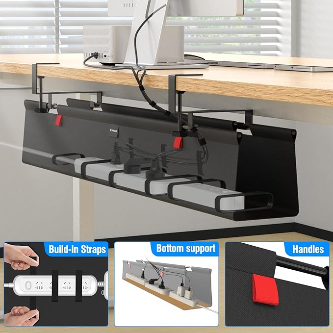 No Drill Under Desk Cable Management Tray, 28" Cord Management Tray with Cable Loop, Upgraded Oxford Fabric Wire Management for Standing Desk - No Damage to Table