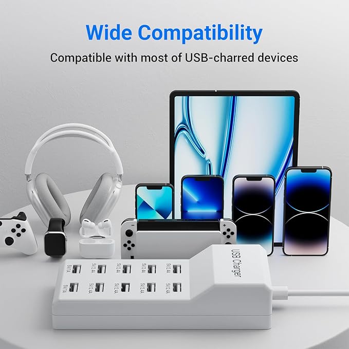 10-Port USB Charger Station, 50W10A Multiport Charger Hub for iPhone, Galaxy, iPad & More, 3.3FT